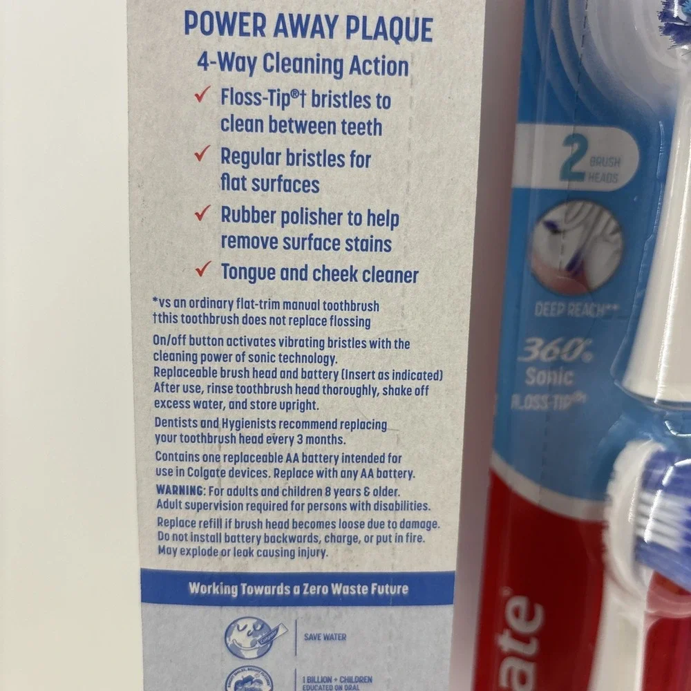 Colgate 360 Power Deep Clean Toothbrush & 6 Sonic Floss-Tip Brush Rep Heads Soft